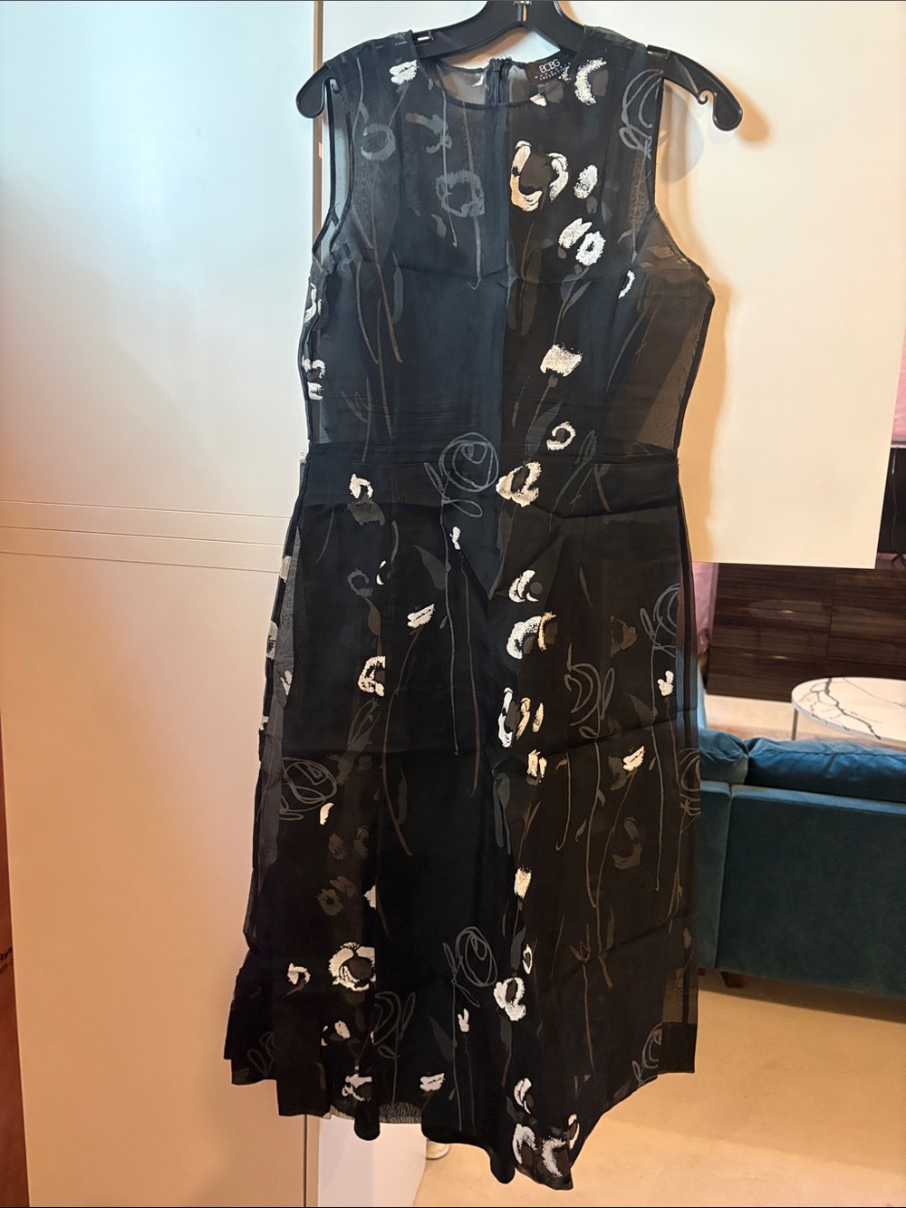 Vintage BCBGMax Azria Black organza silk Midi Dress with White Floral Accents